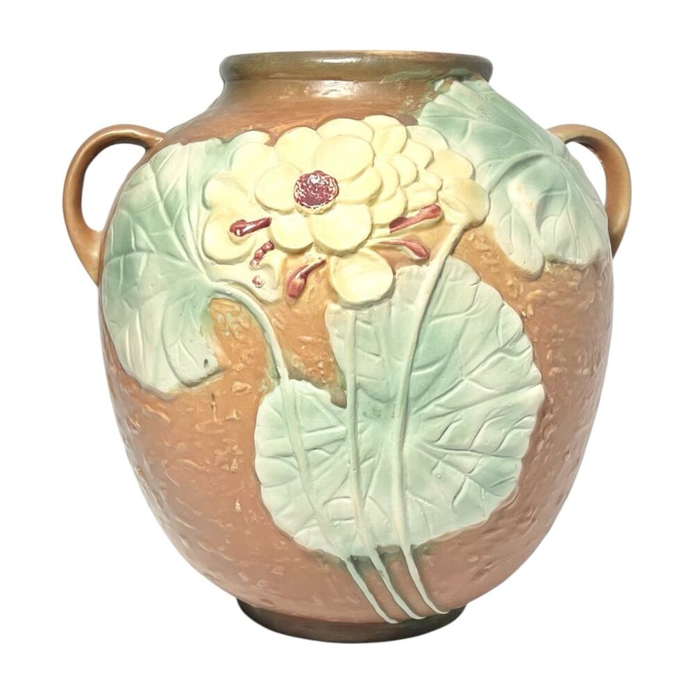 Roseville Pottery Reproduction Yellow Primrose Flower Double Handle Vase 9”